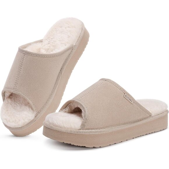 Shoes - Women's Suede Slippers with Fuzzy Lined Open Toe Slide Sandals-Non-Slip Indoor/O